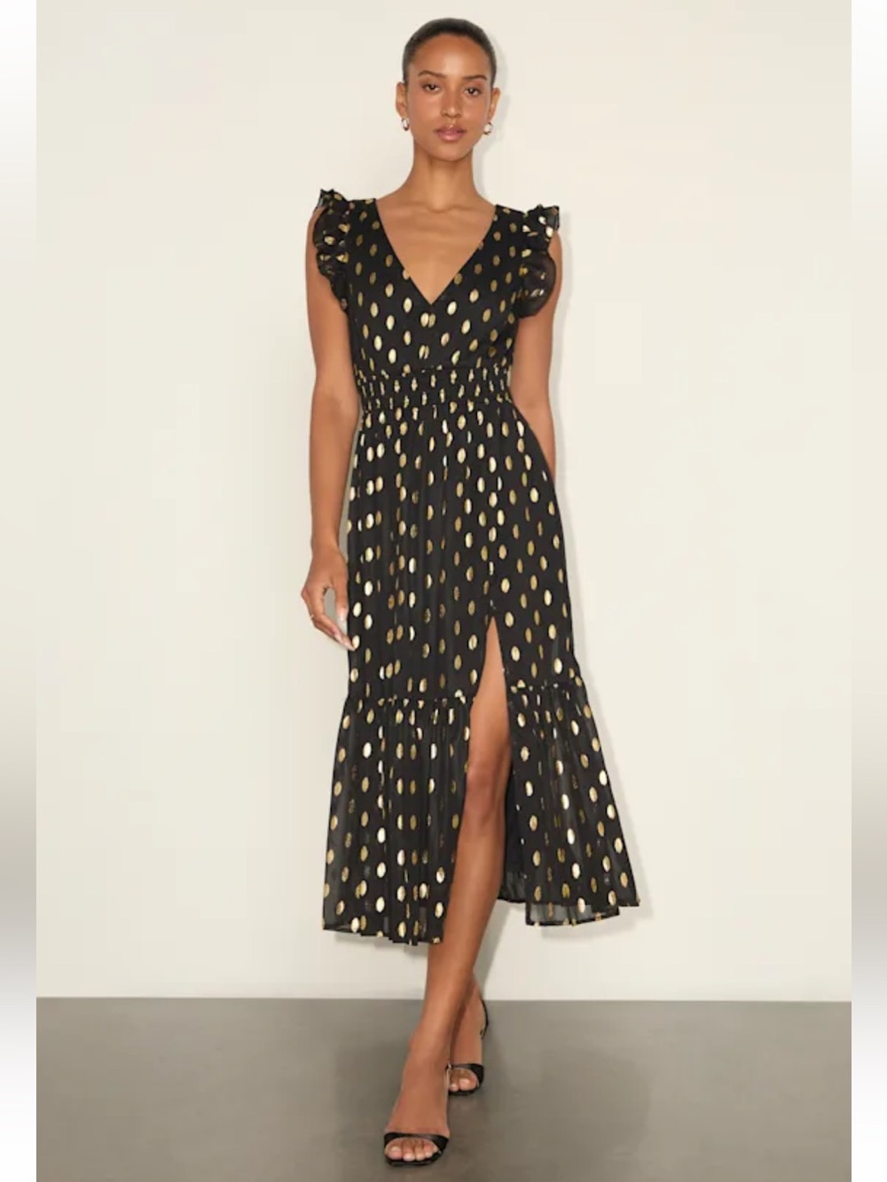 Lulu’s Black and Gold Dotted Ruffled Tiered Midi Dress